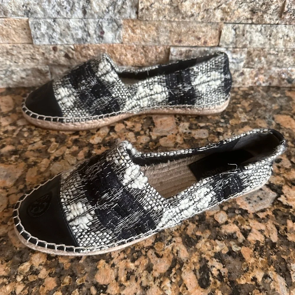 Tory Burch Wool Color Block Flat Espadrille White/Black- leather